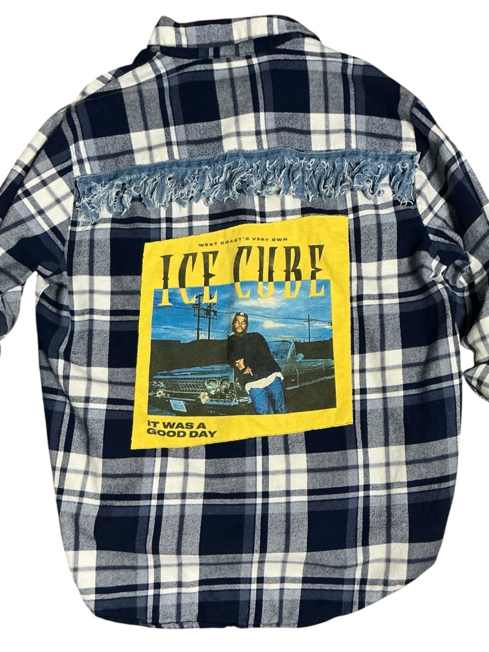 Ice Cube Upcycled Flannel Graphic T Shirt Denim Fringe